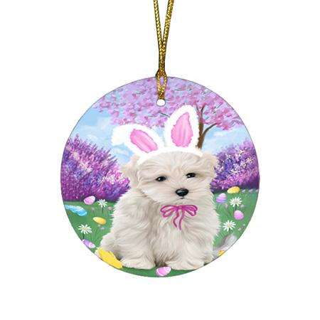 Maltese Dog Easter Holiday Round Flat Christmas Ornament RFPOR49175