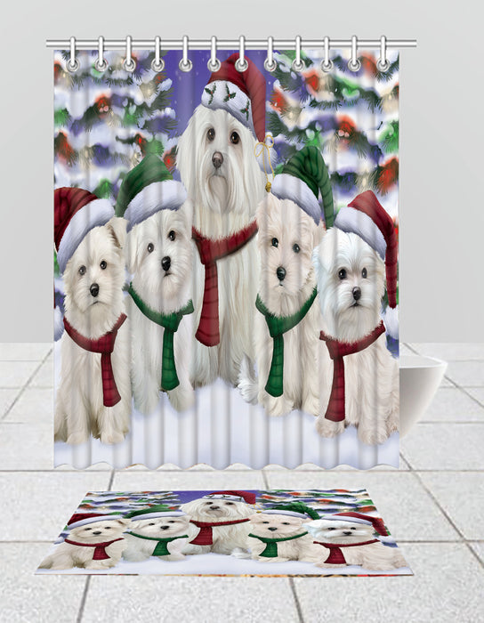 Maltese Dogs Christmas Family Portrait in Holiday Scenic Background  Bath Mat and Shower Curtain Combo