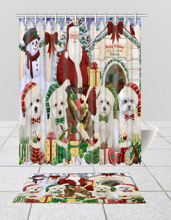 Happy Holidays Christmas Maltese Dogs House Gathering Bath Mat and Shower Curtain Combo
