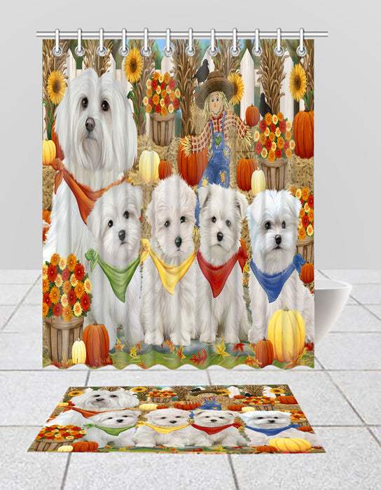 Fall Festive Harvest Time Gathering Maltese Dogs Bath Mat and Shower Curtain Combo