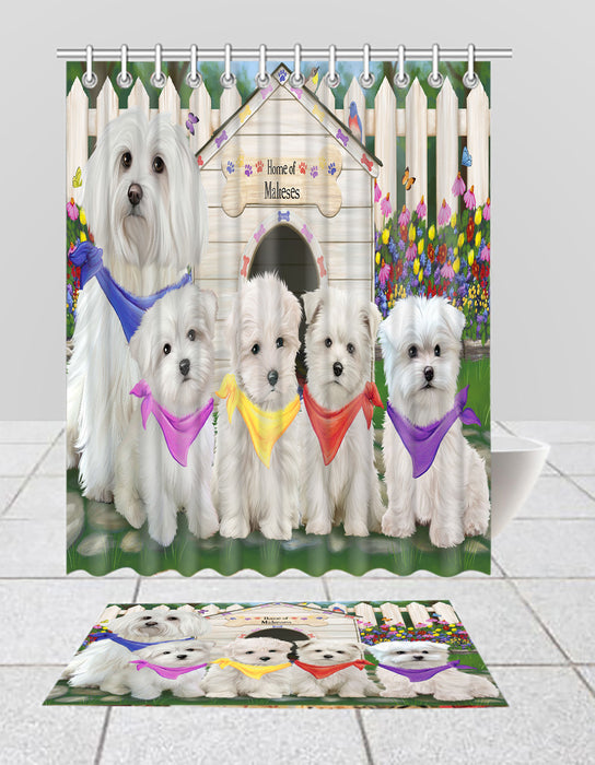 Spring Dog House Maltese Dogs Bath Mat and Shower Curtain Combo