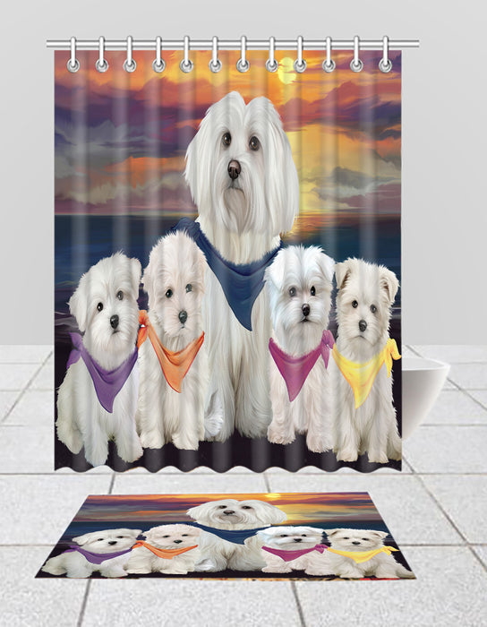 Family Sunset Portrait Maltese Dogs Bath Mat and Shower Curtain Combo