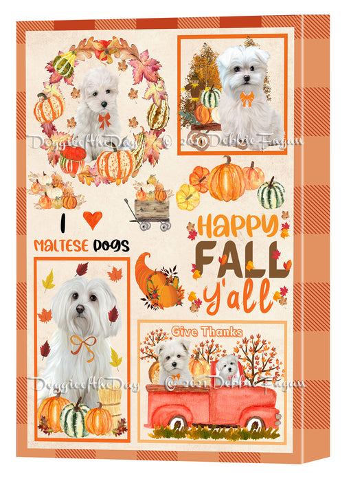 Happy Fall Y'all Pumpkin Maltese Dogs Canvas Wall Art - Premium Quality Ready to Hang Room Decor Wall Art Canvas - Unique Animal Printed Digital Painting for Decoration
