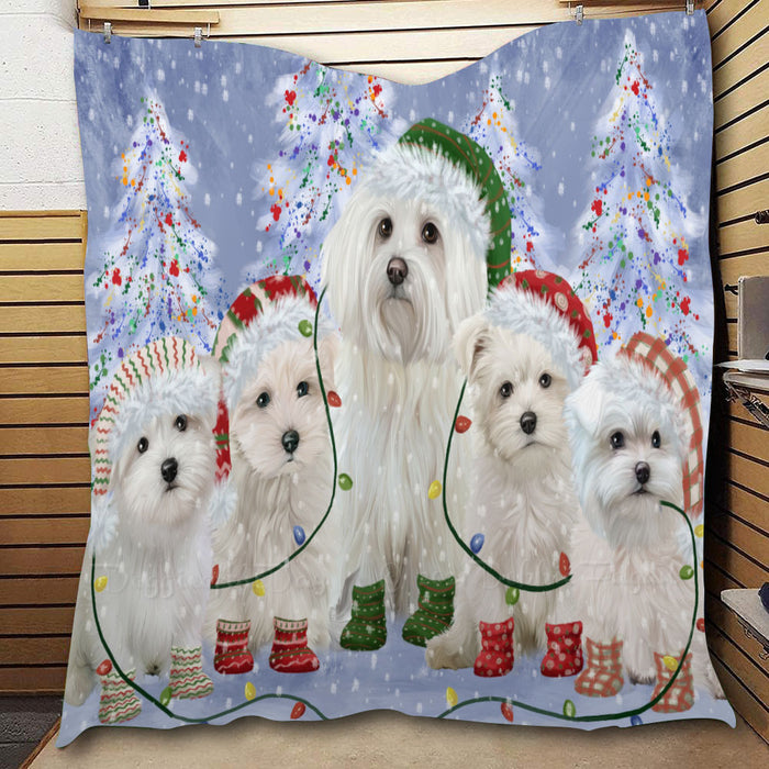 Christmas Lights and Maltese Dogs  Quilt Bed Coverlet Bedspread - Pets Comforter Unique One-side Animal Printing - Soft Lightweight Durable Washable Polyester Quilt