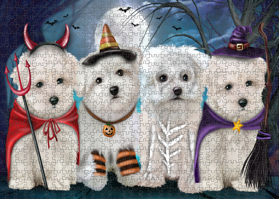 Happy Halloween Trick or Treat Maltese Dogs Portrait Jigsaw Puzzle for Adults Animal Interlocking Puzzle Game Unique Gift for Dog Lover's with Metal Tin Box