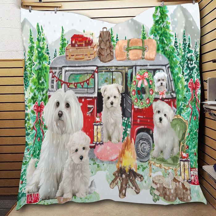 Christmas Time Camping with Maltese Dogs  Quilt Bed Coverlet Bedspread - Pets Comforter Unique One-side Animal Printing - Soft Lightweight Durable Washable Polyester Quilt