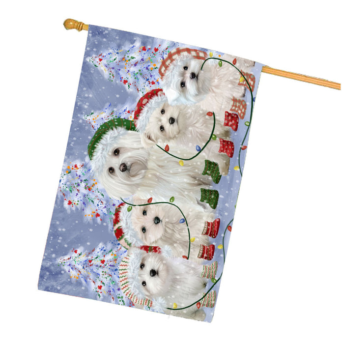 Christmas Lights and Maltese Dogs House Flag Outdoor Decorative Double Sided Pet Portrait Weather Resistant Premium Quality Animal Printed Home Decorative Flags 100% Polyester