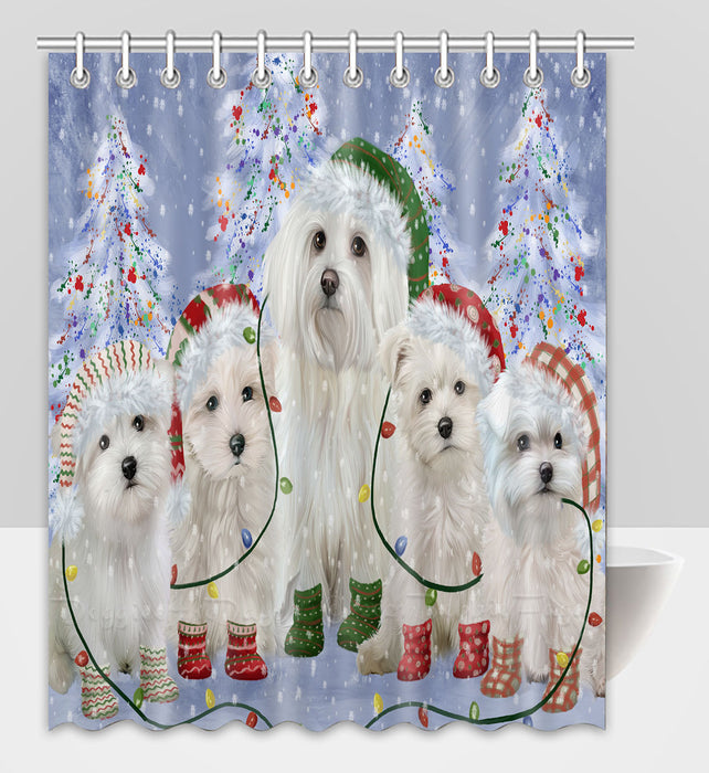 Christmas Lights and Maltese Dogs Shower Curtain Pet Painting Bathtub Curtain Waterproof Polyester One-Side Printing Decor Bath Tub Curtain for Bathroom with Hooks
