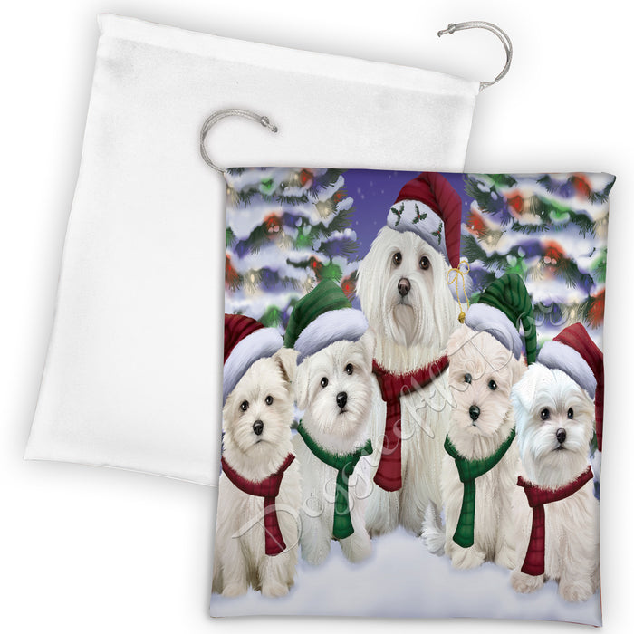 Maltese Dogs Christmas Family Portrait in Holiday Scenic Background Drawstring Laundry or Gift Bag LGB48158