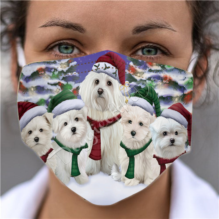 Maltese Dogs Christmas Family Portrait in Holiday Scenic Background Face Mask FM48360