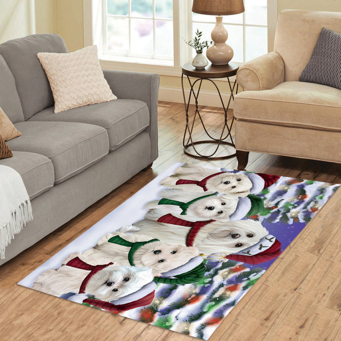Maltese Dogs Christmas Family Portrait in Holiday Scenic Background Area Rug