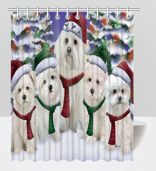 Maltese Dogs Christmas Family Portrait in Holiday Scenic Background Shower Curtain