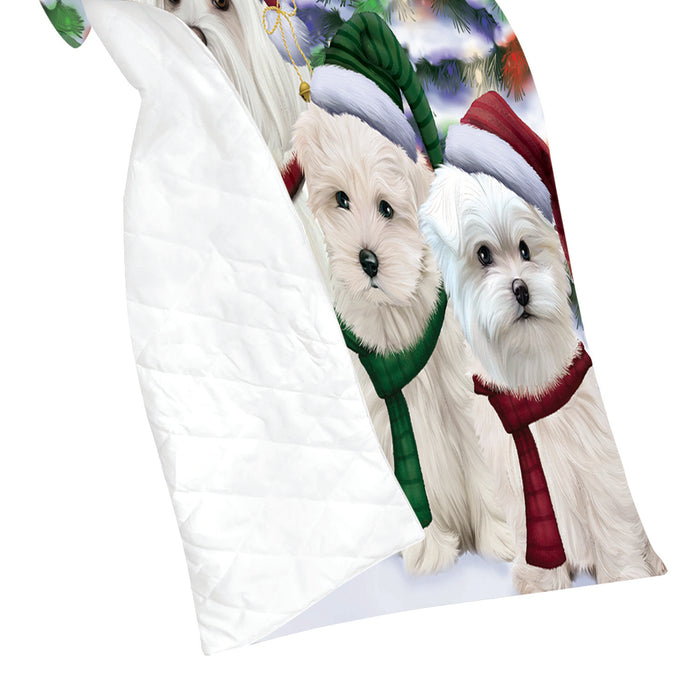 Maltese Dogs Christmas Family Portrait in Holiday Scenic Background Quilt