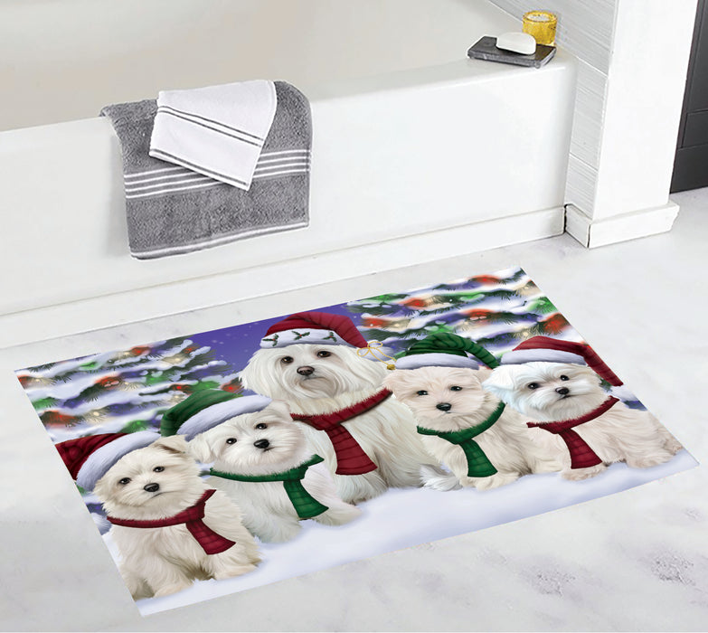 Maltese Dogs Christmas Family Portrait in Holiday Scenic Background Bath Mat