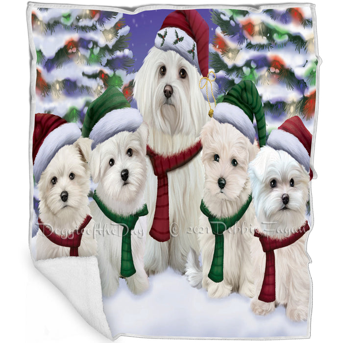 Maltese Dog Christmas Family Portrait in Holiday Scenic Background Art Portrait Print Woven Throw Sherpa Plush Fleece Blanket