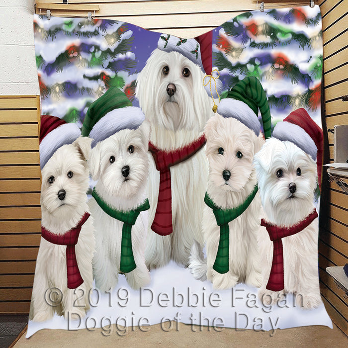 Maltese Dogs Christmas Family Portrait in Holiday Scenic Background Quilt