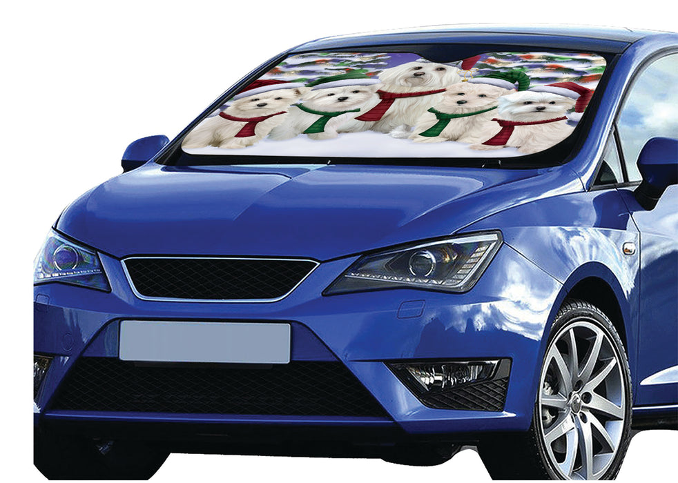 Maltese Dogs Christmas Family Portrait in Holiday Scenic Background Car Sun Shade