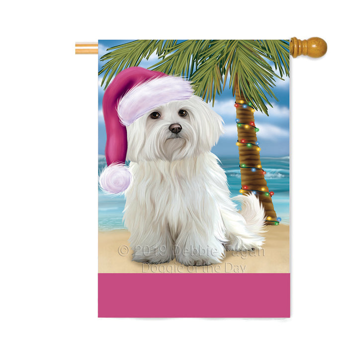 Personalized Summertime Happy Holidays Christmas Maltese Dog on Tropical Island Beach Custom House Flag FLG-DOTD-A60550