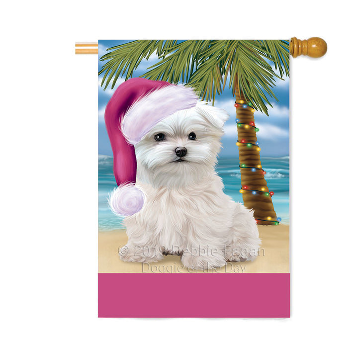 Personalized Summertime Happy Holidays Christmas Maltese Dog on Tropical Island Beach Custom House Flag FLG-DOTD-A60551
