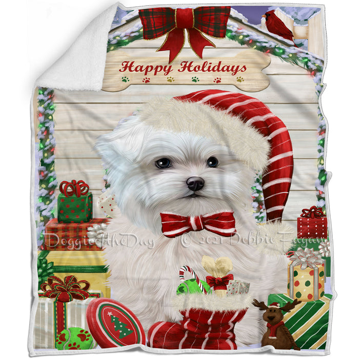 Happy Holidays Christmas Maltese Dog House With Presents Blanket BLNKT85683