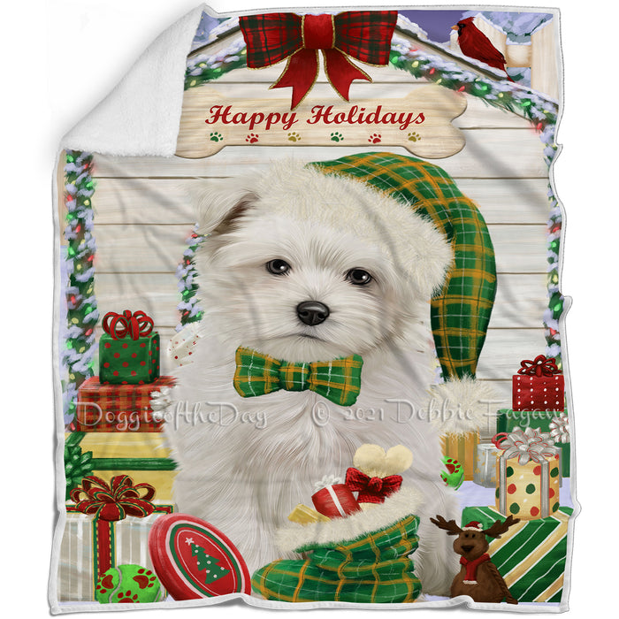 Happy Holidays Christmas Maltese Dog House With Presents Blanket BLNKT85656