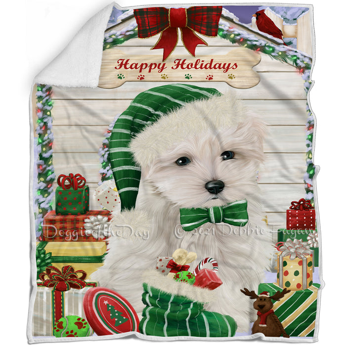 Happy Holidays Christmas Maltese Dog House With Presents Blanket BLNKT85665