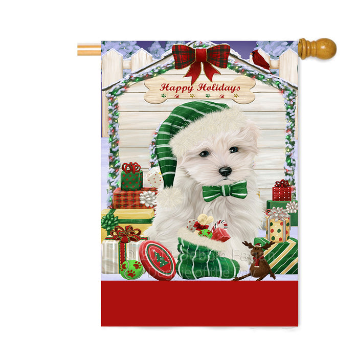 Personalized Happy Holidays Christmas Maltese Dog House with Presents Custom House Flag FLG-DOTD-A59393