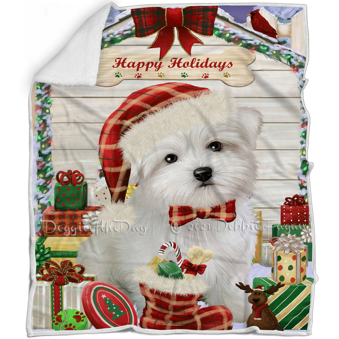 Happy Holidays Christmas Maltese Dog House With Presents Blanket BLNKT85674