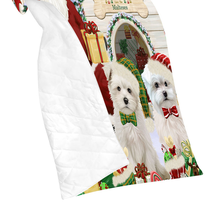 Happy Holidays Christmas Maltese Dogs House Gathering Quilt