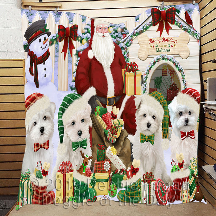 Happy Holidays Christmas Maltese Dogs House Gathering Quilt
