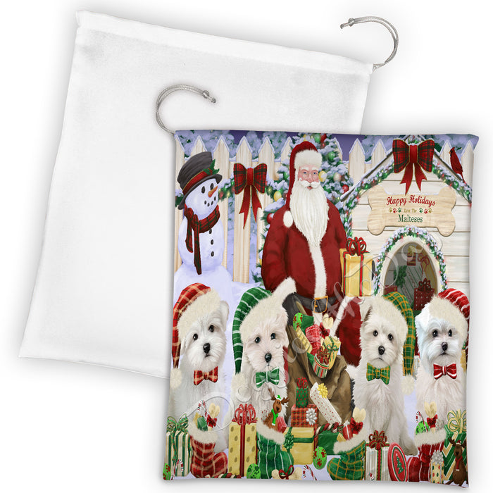 Happy Holidays Christmas Maltese Dogs House Gathering Drawstring Laundry or Gift Bag LGB48061