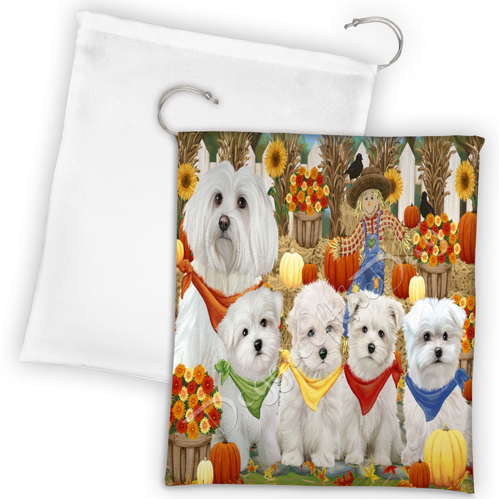 Fall Festive Harvest Time Gathering Maltese Dogs Drawstring Laundry or Gift Bag LGB48419