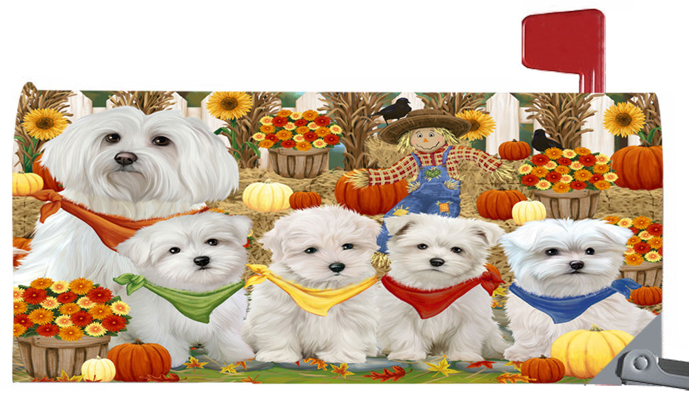 Fall Festive Harvest Time Gathering Maltese Dogs 6.5 x 19 Inches Magnetic Mailbox Cover Post Box Cover Wraps Garden Yard Décor MBC49097