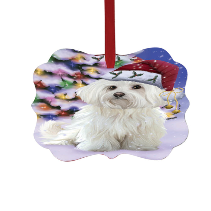 Winterland Wonderland Maltese Dog In Christmas Holiday Scenic Background Double-Sided Photo Benelux Christmas Ornament LOR49604