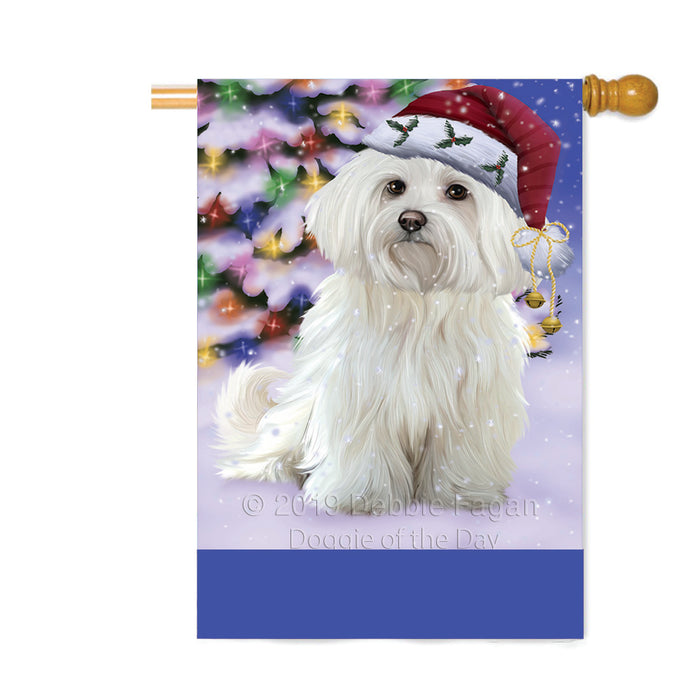Personalized Winterland Wonderland Maltese Dog In Christmas Holiday Scenic Background Custom House Flag FLG-DOTD-A61398