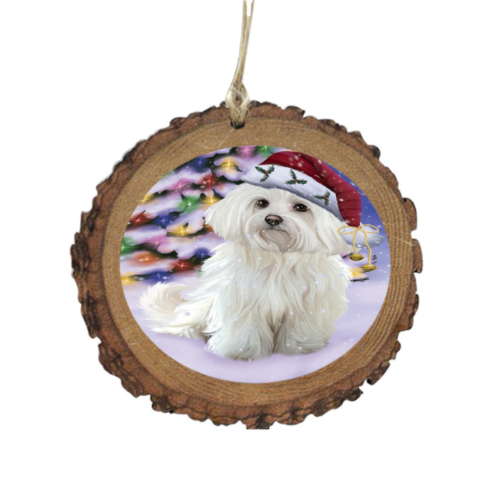 Winterland Wonderland Maltese Dog In Christmas Holiday Scenic Background Wooden Christmas Ornament WOR49604
