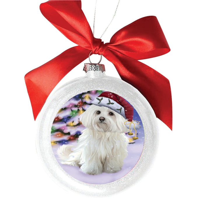 Winterland Wonderland Maltese Dog In Christmas Holiday Scenic Background White Round Ball Christmas Ornament WBSOR49604