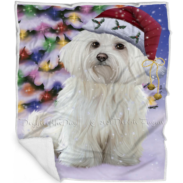 Winterland Wonderland Maltese Dog In Christmas Holiday Scenic Background Blanket