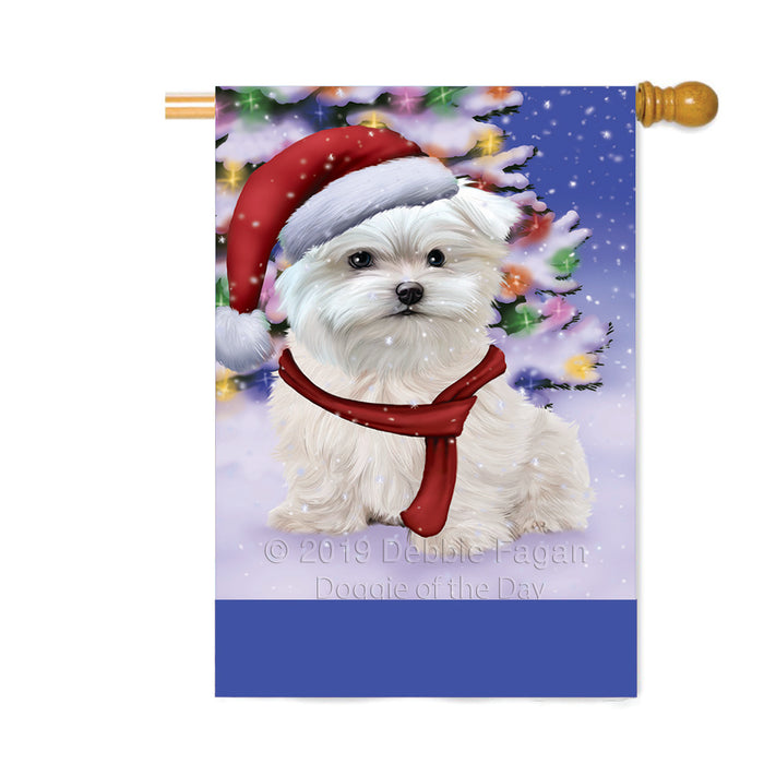 Personalized Winterland Wonderland Maltese Dog In Christmas Holiday Scenic Background Custom House Flag FLG-DOTD-A61399