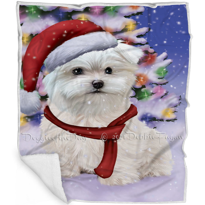 Winterland Wonderland Maltese Puppy Dog In Christmas Holiday Scenic Background Blanket