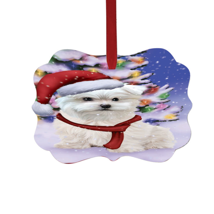 Winterland Wonderland Maltese Dog In Christmas Holiday Scenic Background Double-Sided Photo Benelux Christmas Ornament LOR49605