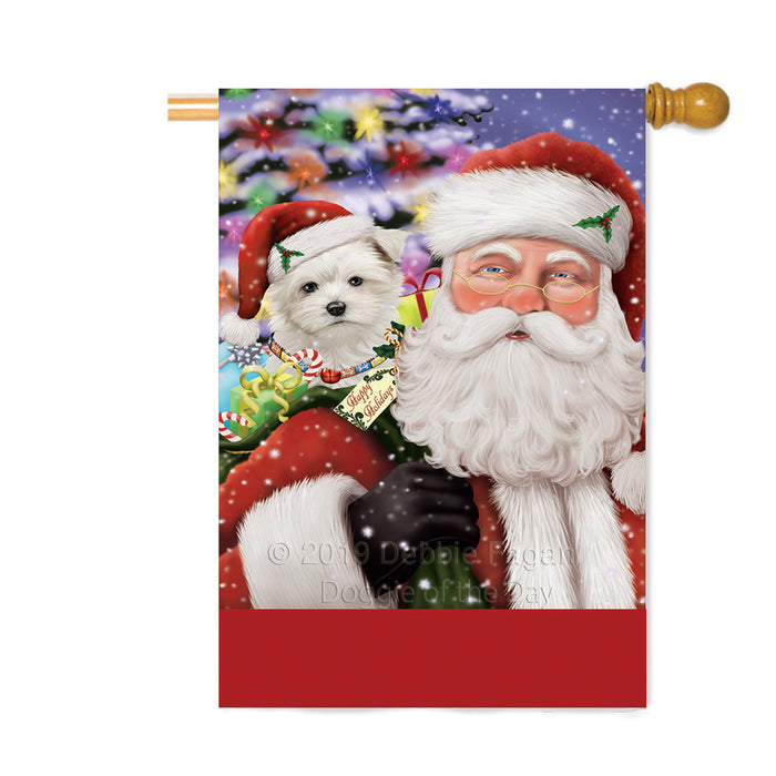 Personalized Santa Carrying Maltese Dog and Christmas Presents Custom House Flag FLG-DOTD-A63484