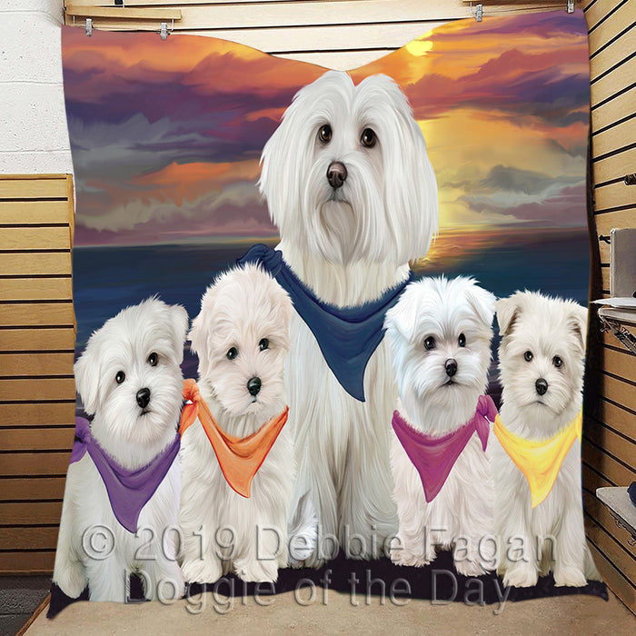 Family Sunset Portrait Maltese Dogs Quilt