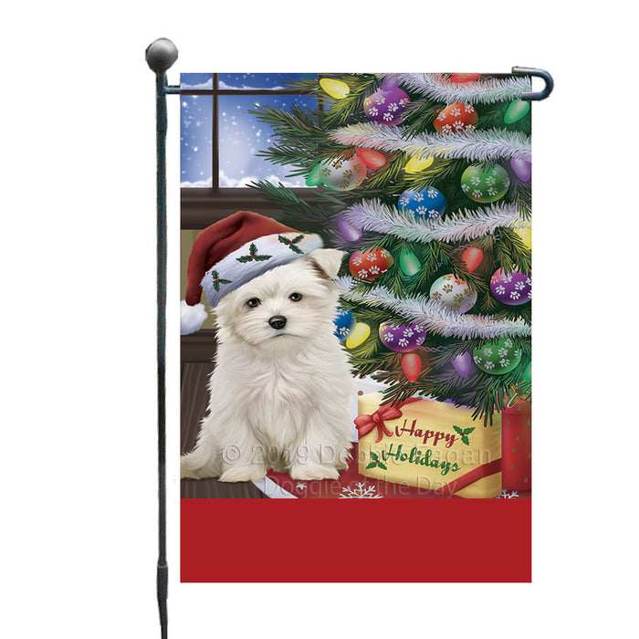 Personalized Christmas Happy Holidays Maltese Dog with Tree and Presents Custom Garden Flags GFLG-DOTD-A58647
