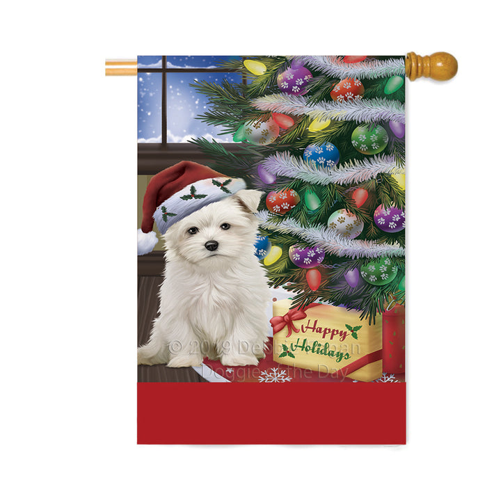 Personalized Christmas Happy Holidays Maltese Dog with Tree and Presents Custom House Flag FLG-DOTD-A58703