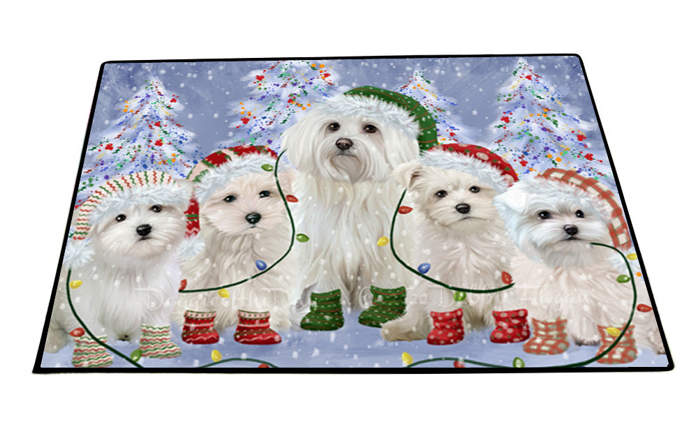 Christmas Lights and Maltese Dogs Floor Mat- Anti-Slip Pet Door Mat Indoor Outdoor Front Rug Mats for Home Outside Entrance Pets Portrait Unique Rug Washable Premium Quality Mat