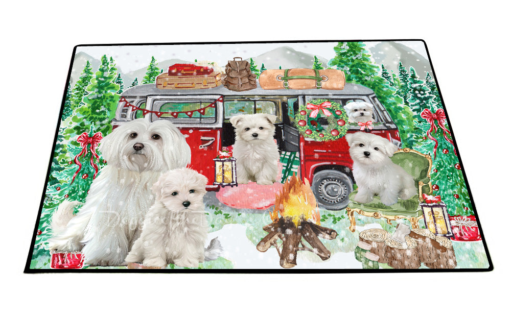 Christmas Time Camping with Maltese Dogs Floor Mat- Anti-Slip Pet Door Mat Indoor Outdoor Front Rug Mats for Home Outside Entrance Pets Portrait Unique Rug Washable Premium Quality Mat