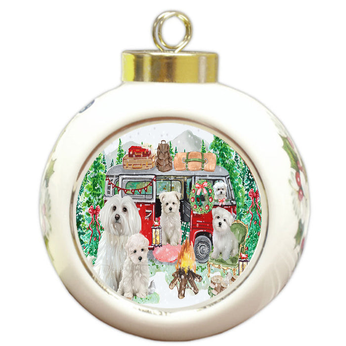Christmas Time Camping with Maltese Dogs Round Ball Christmas Ornament Pet Decorative Hanging Ornaments for Christmas X-mas Tree Decorations - 3" Round Ceramic Ornament