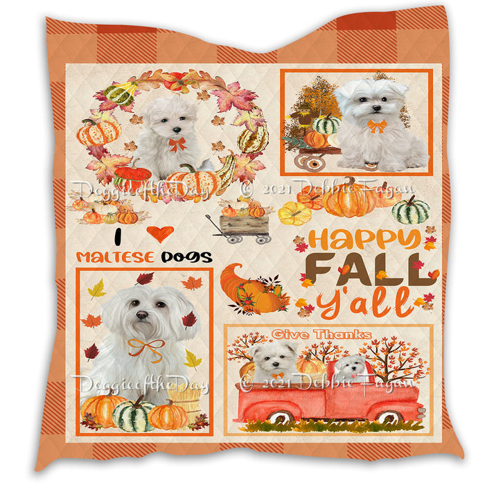 Happy Fall Y'all Pumpkin Maltese Dogs Quilt Bed Coverlet Bedspread - Pets Comforter Unique One-side Animal Printing - Soft Lightweight Durable Washable Polyester Quilt