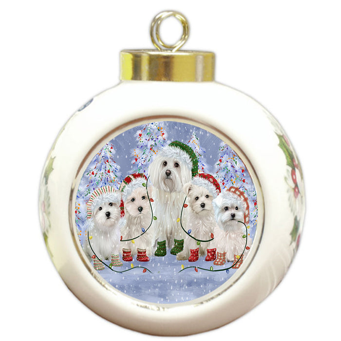 Christmas Lights and Maltese Dogs Round Ball Christmas Ornament Pet Decorative Hanging Ornaments for Christmas X-mas Tree Decorations - 3" Round Ceramic Ornament